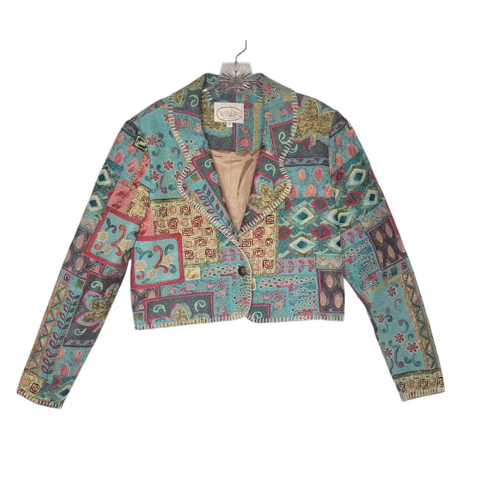 Vtg 90s Wraps Tapestry Cropped Blazer Small Southwestern Floral Western